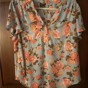Torrid Floral Blouse - Blue and Coral